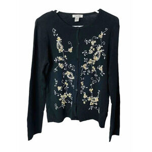 Carducci Button Up Cardigan Sz XL Black Embroidered Stretch Knit Business Casual